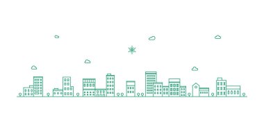 Vektör peyzaj çizgisi çizimi. Evlerle, binalarla, ağaçlarla, gökyüzüyle köy manzarası. Tek renkli çizgili sanat tarzında banliyö manzarası. Vektör illüstrasyonu.