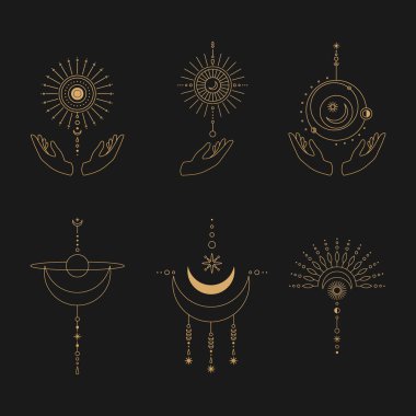 Ay ve Güneş Çizgisi Sanatı. Asgari boho lineer sembolleri. Göksel mistik element. Vektör çizgisi çizimi.