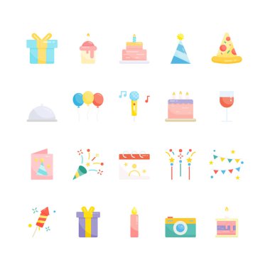 Doğum günü ikonu ayarlandı. Doğum günü düz ikonu. Vektör illüstrasyonu.