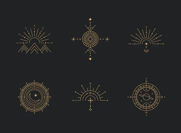 Set Moon Sun Line Art Minimal Boho Linear Symbols Celestial — Stock Vector