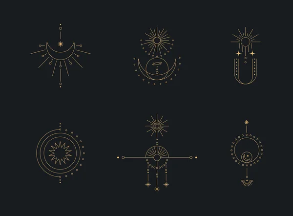 Ensemble Art Ligne Lune Soleil Symboles Linéaires Boho Minimaux Élément — Image vectorielle