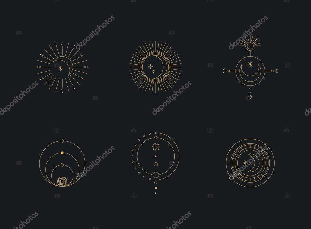 Set of moon and sun line art. Minimal boho linear symbols. Celestial mystic element. Vector line art illustration.