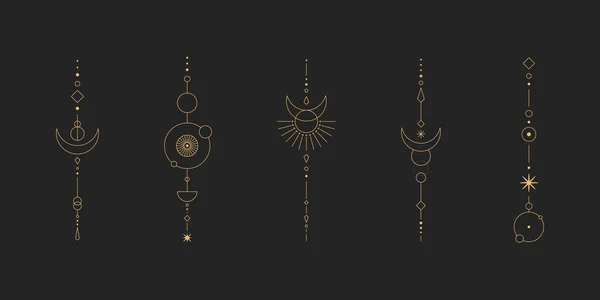 一套月亮和太阳线艺术 极小的Boho线性符号 天国的神秘元素矢量线艺术说明 — 图库矢量图片
