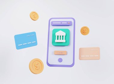 Mobil bankacılık konsepti. İnternet ödemeleri ve para transferi. Bankacılık başvurusu, bozuk paralar, kredi kartı olan üç boyutlu akıllı telefon. 3B görüntüleme.