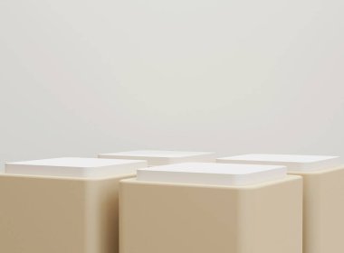 Minimum arkaplanda boş silindir podyumu. Geometrik formlarla soyut asgari sahne. Ürün sunumu için tasarım. 3B görüntüleme.