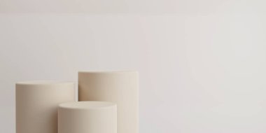 Minimum arkaplanda boş silindir podyumu. Geometrik formlarla soyut asgari sahne. Ürün sunumu için tasarım. 3B görüntüleme.