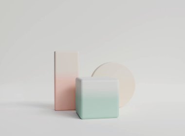 Minimum arkaplanda boş silindir podyumu. Geometrik formlarla soyut asgari sahne. Ürün sunumu için tasarım. 3B görüntüleme.