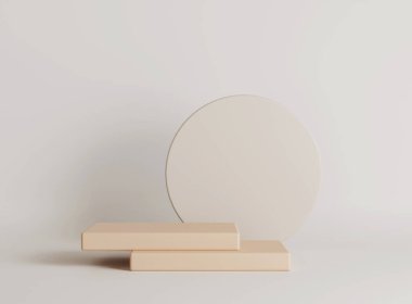 Minimum arkaplanda boş silindir podyumu. Geometrik formlarla soyut asgari sahne. Ürün sunumu için tasarım. 3B görüntüleme.