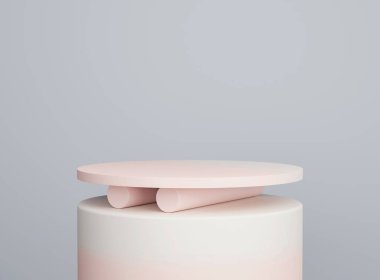 Minimum arkaplanda boş silindir podyumu. Geometrik formlarla soyut asgari sahne. Ürün sunumu için tasarım. 3B görüntüleme.