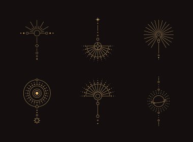Ay ve Güneş Çizgisi Sanatı. Asgari boho lineer sembolleri. Göksel mistik element. Vektör çizgisi çizimi.