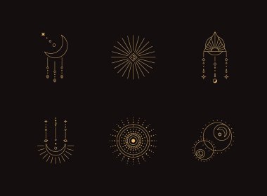 Ay ve Güneş Çizgisi Sanatı. Asgari boho lineer sembolleri. Göksel mistik element. Vektör çizgisi çizimi.