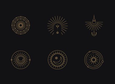 Ay ve Güneş Çizgisi Sanatı. Asgari boho lineer sembolleri. Göksel mistik element. Vektör çizgisi çizimi.