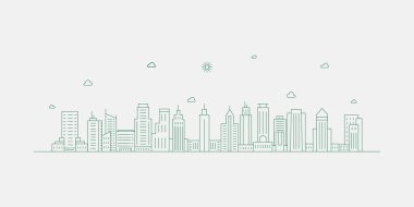 Şehir manzarası. Modern düz çizgi peyzaj vektörü. Şehir manzarası çizimi, bina, kule, gökdelenler. Vektör illüstrasyonu.