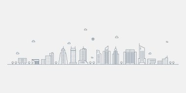Şehir manzarası. Modern düz çizgi peyzaj vektörü. Şehir manzarası çizimi, bina, kule, gökdelenler. Vektör illüstrasyonu.