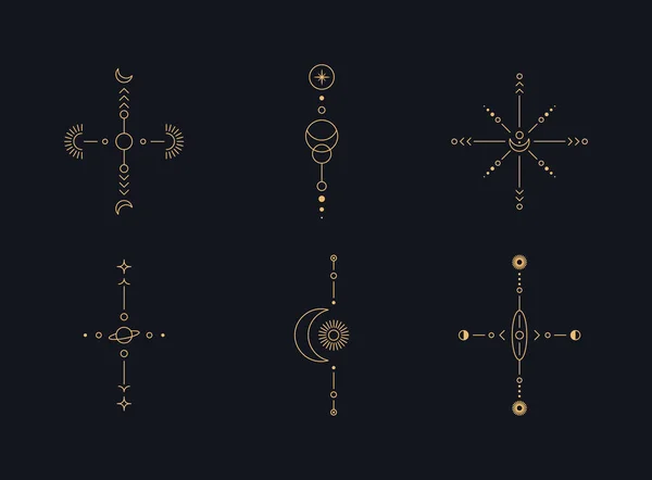 Set Moon Sun Line Art Minimal Boho Linear Symbols Celestial — Stock Vector