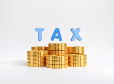 Vergi ile birlikte üç boyutlu altın para yığını. Vergi ve fıçı artan konsept. 3B görüntüleme.