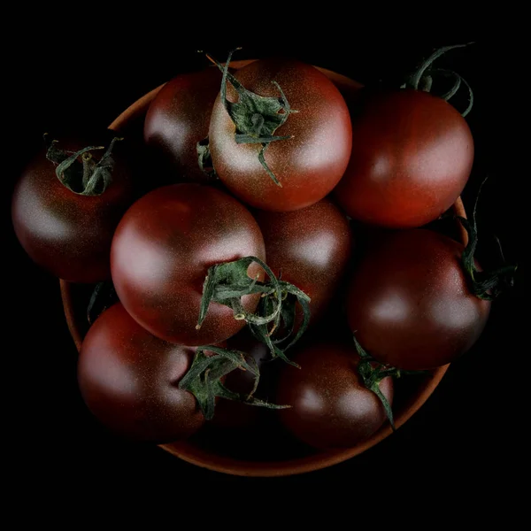 Ripe Juicy Tomatoes Black Background Cumato Tomatoes Top View — Fotografia de Stock