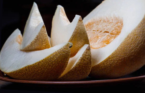 Slice Ripe Melon Half Melon Lie Plate — Stok Foto