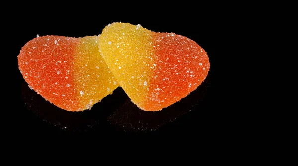 Two Marmalade Hearts Isolated Black Background Marmalade Candy Form Heart — Stockfoto