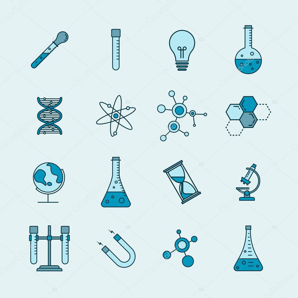 Blue Science icon set design. Simple blue science icons design. Good template for science or school design.