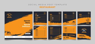 Zarif Siyah ve Sarı sosyal medya şablonu ve kare tasarımlı yiyecek menüsü. Kare Restoran şablon tasarımı siyah ve sarı renklerde. Çevrimiçi reklam tasarımı için iyi şablon