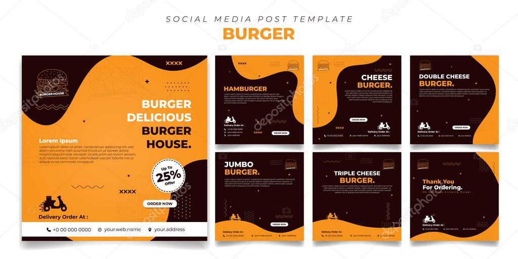 Set of square social media post template with simple wave design. social media advertisement template with burger design. Also good template for other online advertisement design.