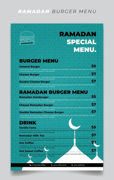 Grüne Burger Menü Vorlage Ramadan Monat Mit Silhouette Moschee Design — Stockvektor