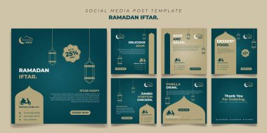Set square of ramadan social media post template in Green and brown background design. Iftar mean is breakfasting and marhaban mean is welcome. Islamic social media template background design.