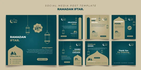 Ramazan sosyal medya şablonunun karesini yeşil ve kahverengi arkaplan tasarımında ayarla. İftar demek, kahvaltı demektir ve marhaban ortalaması da hoş karşılanır. İslami sosyal medya şablon arka plan tasarımı.