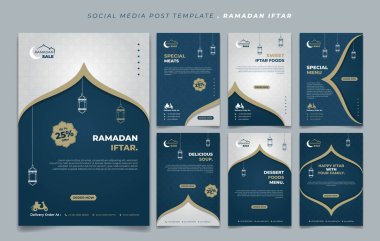 Set social media post template in Blue and white background design. Iftar mean is breakfasting and marhaban mean is welcome. social media template with islamic background design