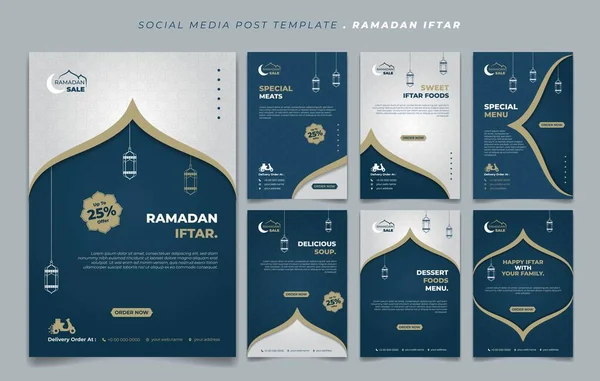 Set Social Media Post Template Blue White Background Design Iftar — Stock Vector