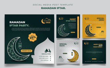 Set of square social media post template in green, yellow and white background with moon and lantern design. Iftar mean is breakfasting. social media template with islamic background design