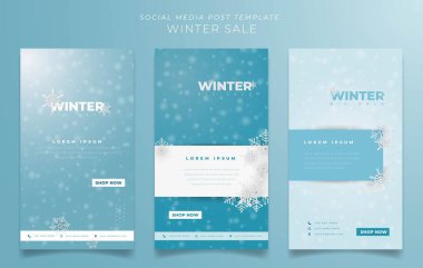 Kış günü satışı için kar yağışı arkaplanı olan sosyal medya gönderim şablonu