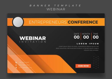 Webinar daveti için turuncu ve siyah geometrik arkaplana sahip banner şablonu