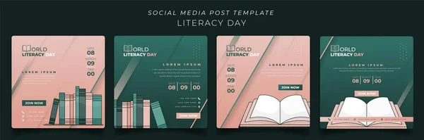 Set Social Media Post Template Bookshelf Design Green Pink Background Gráficos vectoriales