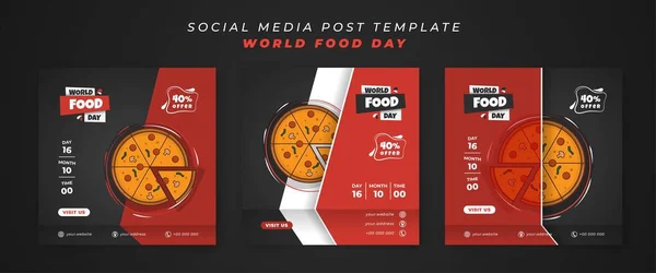 Set Social Media Post Sablon Szeletelt Pizza Rajzfilm Piros Fekete Stock Illusztrációk