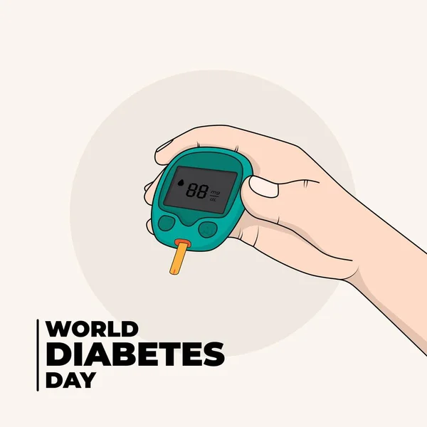Mondo Diabete Modello Giorno Con Mano Afferrando Glucometro Cartone Animato — Vettoriale Stock