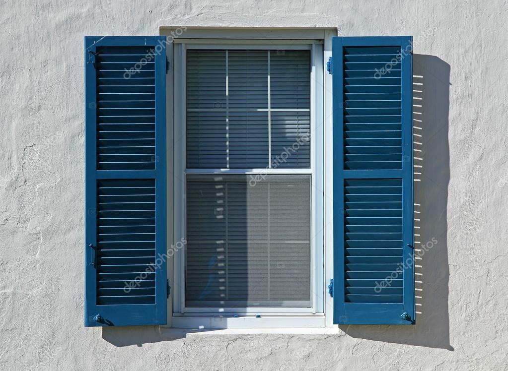 Open Window Shutters Blue — Stock Photo © bridgendboy 48195493