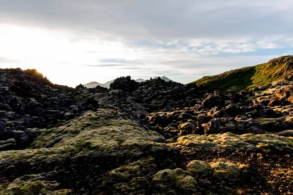 Campo Lava Sin Fin Atravesado Por Camino Grava Amanecer Con —  Fotos de Stock