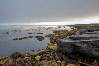 İzlanda 'nın Nordurping Belediyesi' nde Husavik yakınlarındaki Tjornes 'e 66 paralel, Kuzey İzlanda' da dalgaların çekildiği çakıl taşı plajı.