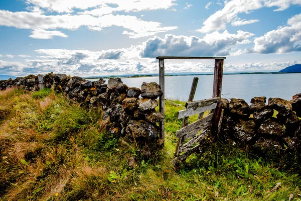 Puerta Madera Con Paredes Piedra Lago Myvatn Cerca Husavik Municipio — Foto de Stock