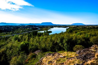 Yansımaları ve adaları olan volkanik Myvatn Gölü, Kuzey İzlanda 'da yeşil çayırlar ve mavi gökyüzü