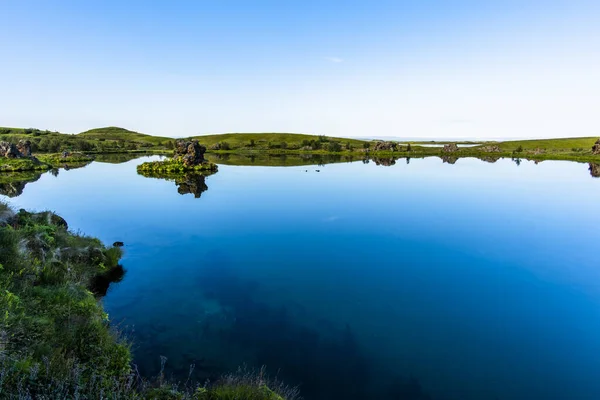 Volcanic Lake Myvatn Reflections Islands Green Meadows Blue Skies Northern — Stock Photo, Image