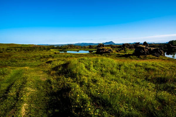 在冰岛北部有反射和岛屿 绿地和蓝天的火山湖 — 图库照片