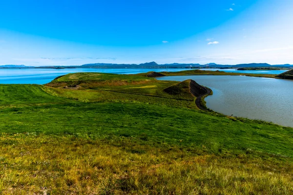 Volcanic Lake Myvatn Reflections Islands Green Meadows Blue Skies Northern — стоковое фото