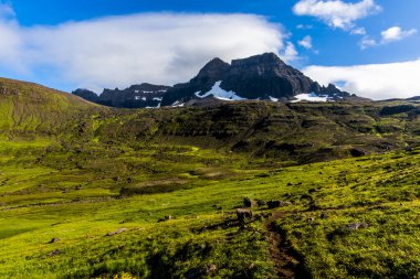 cloud-shrouded mountains around Borgarfjordur Eystri in Eastern Iceland