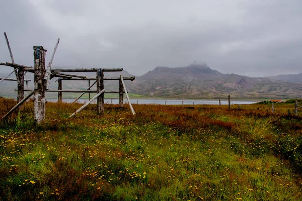 Old Wooden Racks Drying Fish Abandoned Plains End Fjord Borgarfjordur — Φωτογραφία Αρχείου