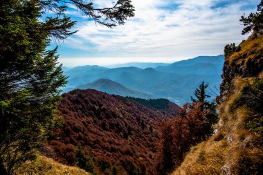 Pieve Bel Vicino Schio Vicenza Veneto İtalya 'daki sonbahar renkleriyle sarı ve yeşil ağaçların ve vadilerle dağlar arasındaki kayaların manzarası