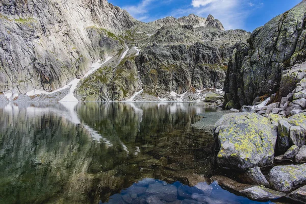 位于拉格莱山山脉峰顶与花岗岩和蓝水之间的阿尔卑斯山脉峰顶反映在意大利特伦托省拉格莱链Cima Asta附近水晶般清澈的水面上 — 图库照片