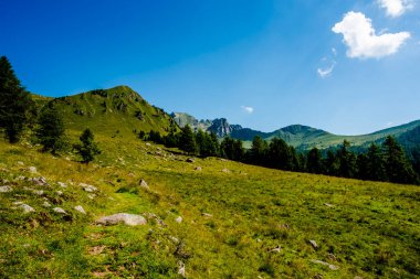 Lagorai Dağları 'nın granit tepeleri arasındaki yollar yeşil vadiler ve İtalya' daki mavi gökyüzü.